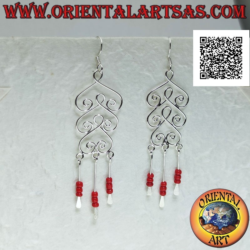 Pendientes de plata, trío de espadas redondeadas con colgante de perlas de coral