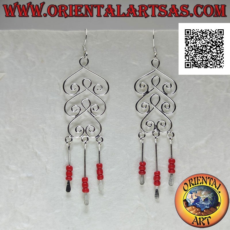 Pendientes de plata, trío de espadas redondeadas con colgante de perlas de coral