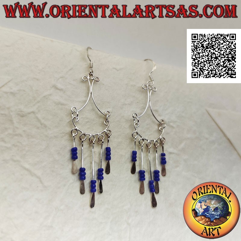 Silver earrings with a bow hooked by convex threads and rows of trio of lapis lazuli beads