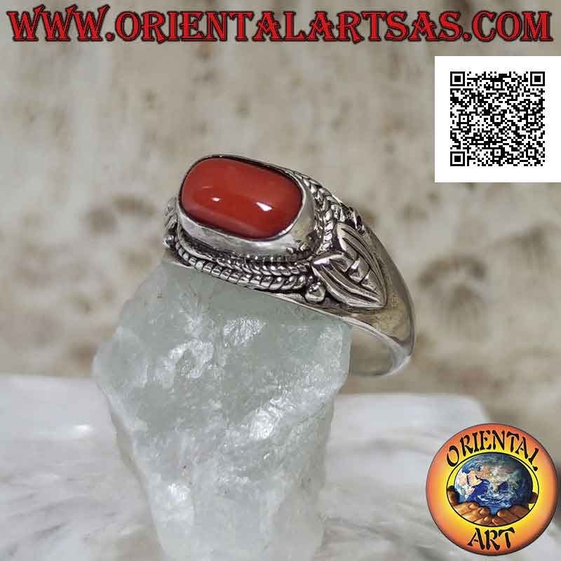 Silver ring with natural coral crosswise and side decorations (handmade)