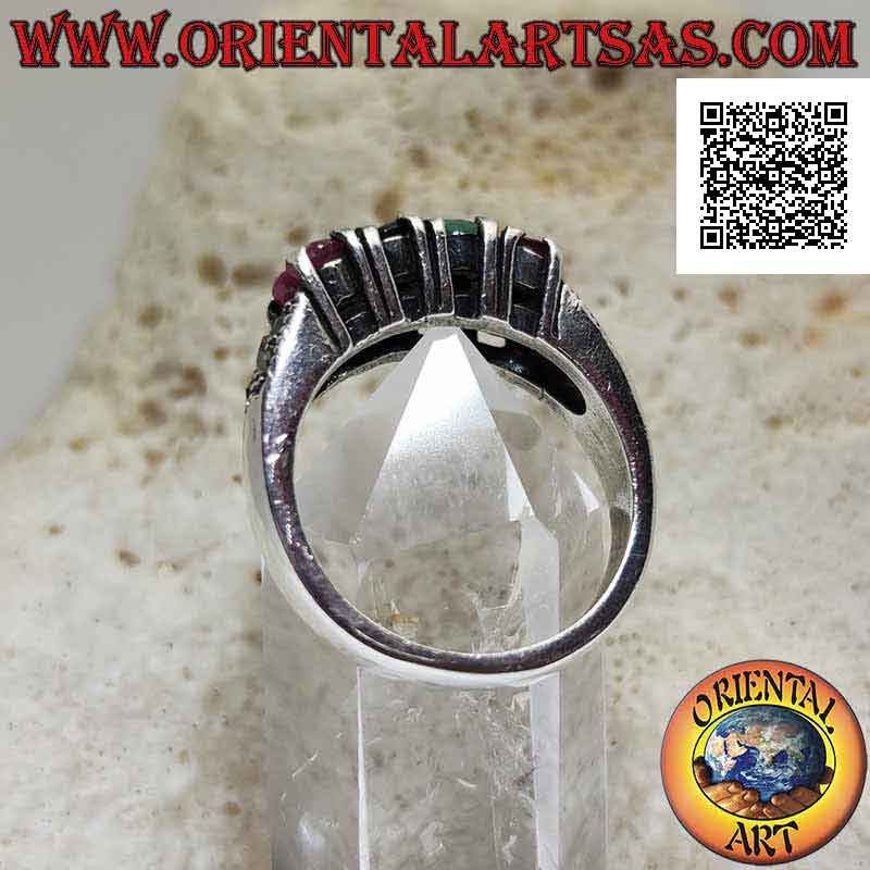 Silver band ring with two rows of rubies, emeralds, sapphires and marcasite