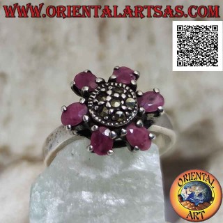 Silver flower ring with 6 natural ruby petals set and pistil studded with marcasite