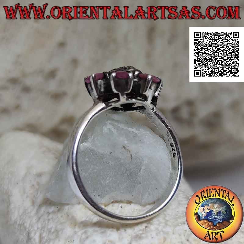 Silver flower ring with 6 natural ruby petals set and pistil studded with marcasite