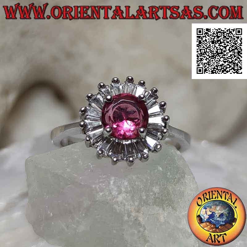 Anello Argento 925 Rubino Sintesi Tondo contornato da Zirconi Baguette