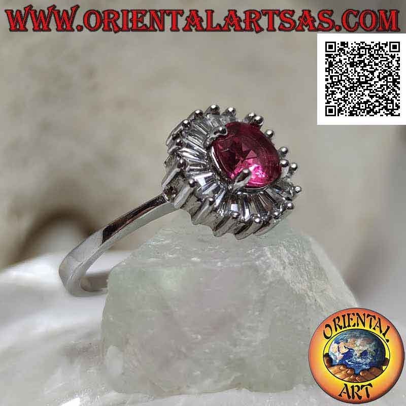 Anello Argento 925 Rubino Sintesi Tondo contornato da Zirconi Baguette