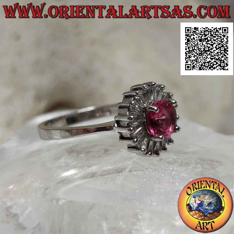925 Silver Ring Synthetic Ruby Round Baguette Zircons