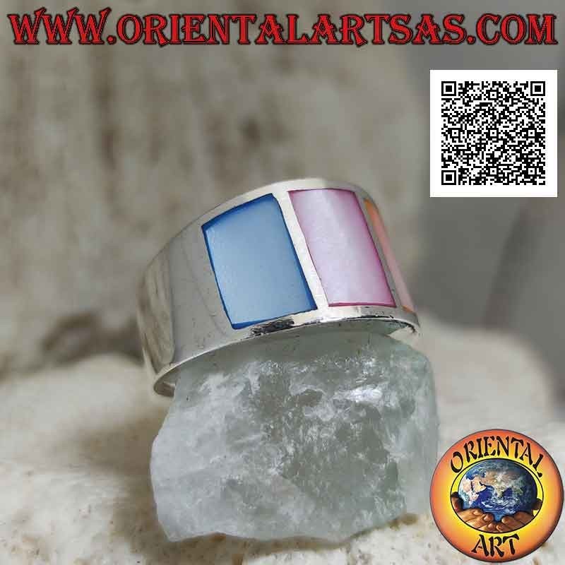 Silver ring with smooth band with three multicolour mother-of-pearl set flush (2)