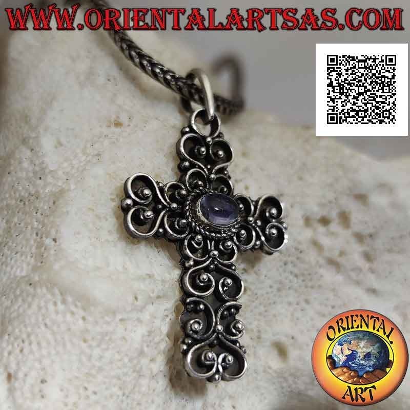 Silver pendant, handmade baroque cross with natural cabochon oval amethyst in the center