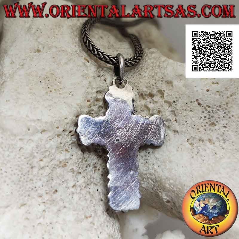 Ciondolo in argento, croce barocca fatta a mano con ametista ovale cabochon naturale al centro