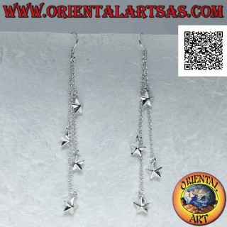 Silver leverback earrings with three hanging chains and four smooth rounded stars