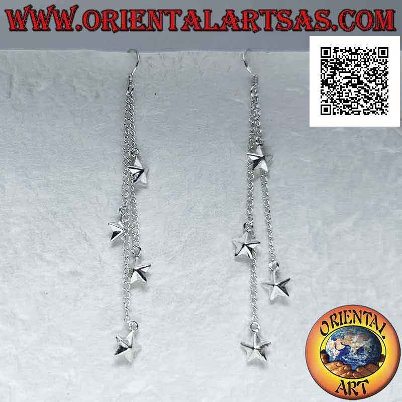 Pendientes de plata con tres cadenas colgantes y cuatro estrellas redondeadas lisas