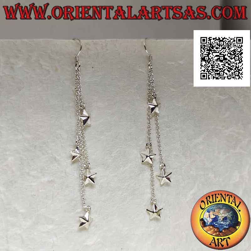 Orecchini in argento a monachella con tre catenelle pendenti e quattro stelle lisce bombate