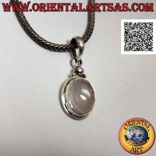 Silver pendant with cabochon oval rose quartz on smooth setting with protruding edge