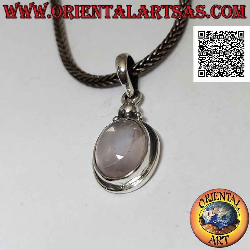 Silver pendant with cabochon oval rose quartz on smooth setting with protruding edge