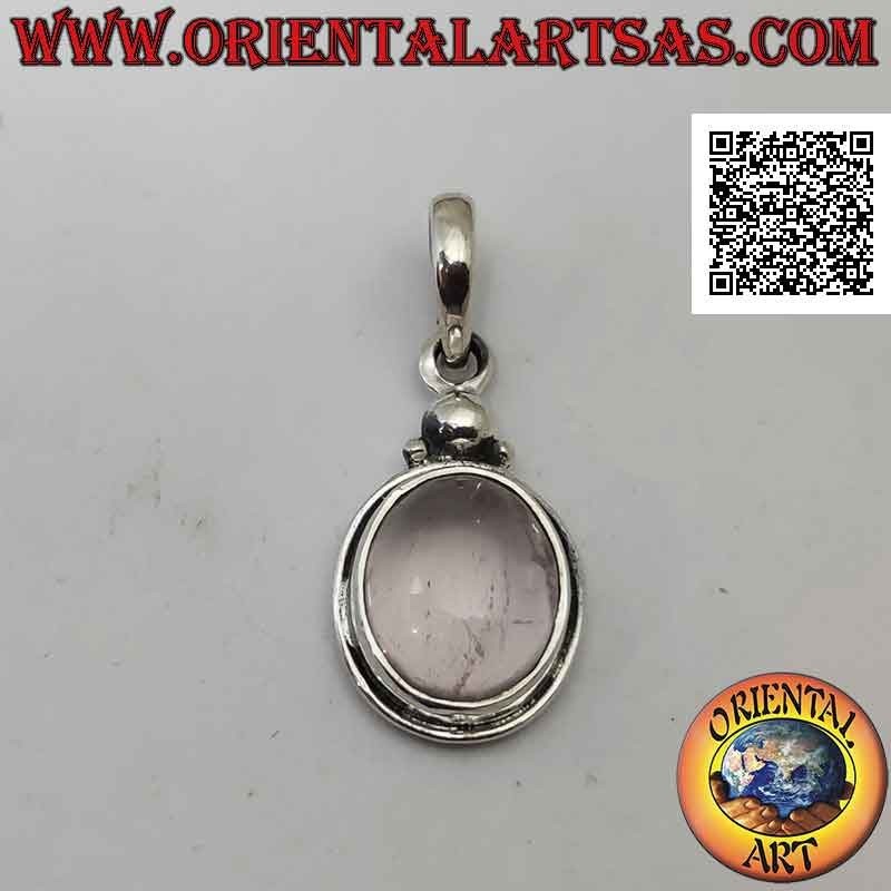 Silver pendant with cabochon oval rose quartz on smooth setting with protruding edge