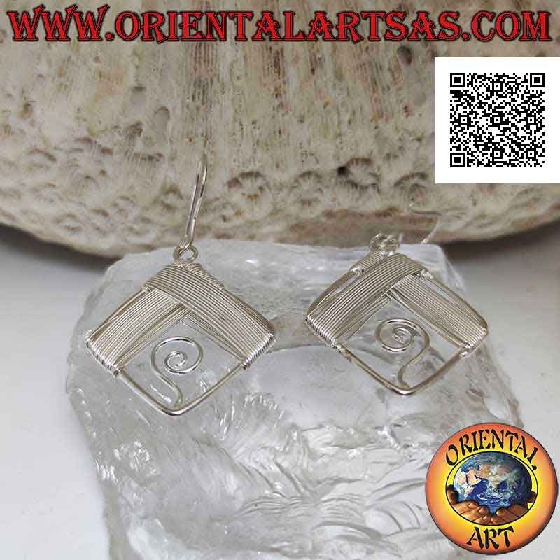 Silver leverback earrings with rhombus covered with threads and spiral inside
