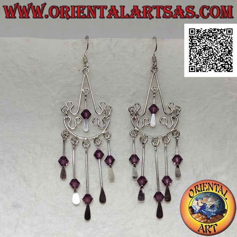 Créoles en argent de style baroque avec cristaux d'améthyste suspendus au centre et en dessous