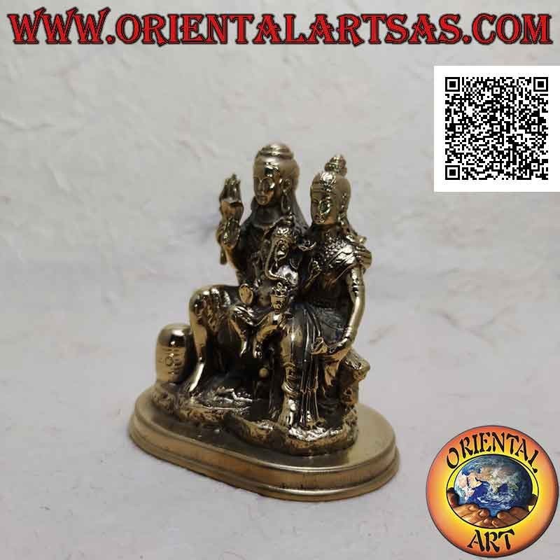 Scultura della famiglia con Ganesh "il Dio elefante", "Parvati" e "Siva" (Shiva) in ottone da 10 cm