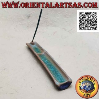 Cane stick incense burner in blue painted ceramic and water-effect vitrified interior