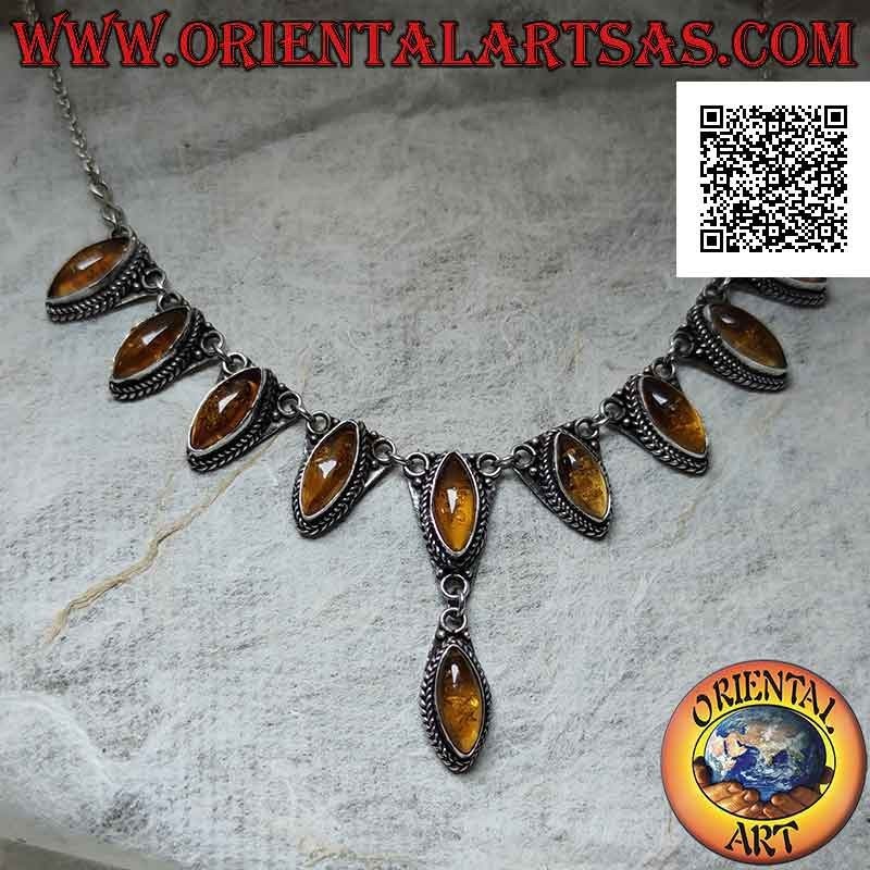 Halskette in 925 Collana Silberkette 10 Bernstein Shuttle Cabochon Zentral (47 cm)