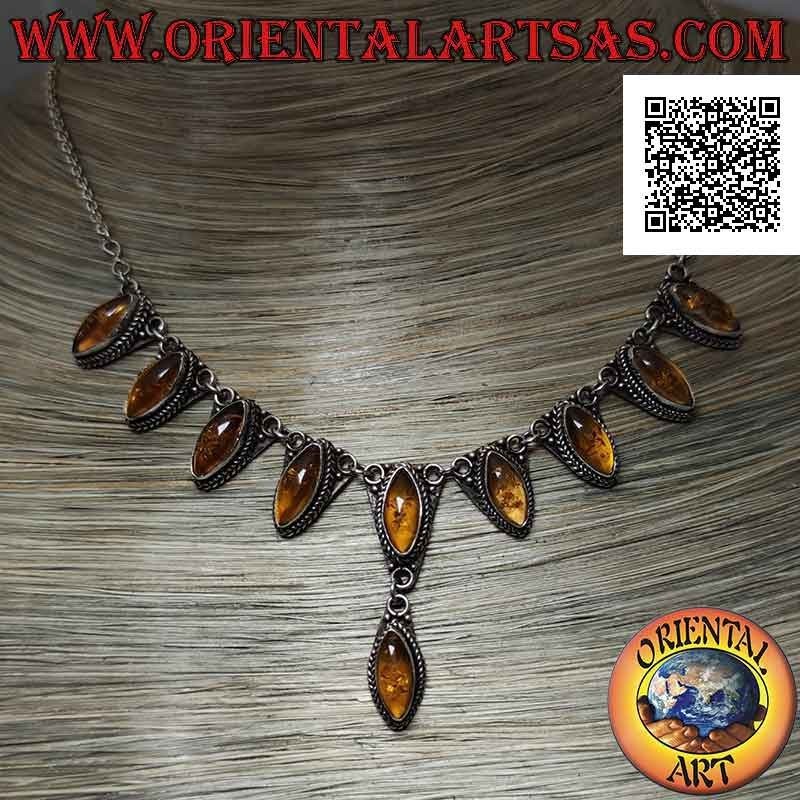Collana in argento 925 ‰ a catenina 10 ambre a navetta cabochon centrali (47 cm)