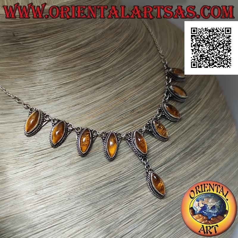 Collar en plata 925 Collana cadena 10 cabujón lanzadera ámbar central (47 cm)