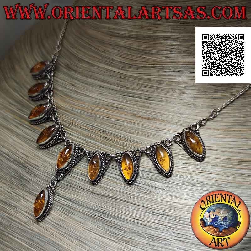 Collana in argento 925 ‰ a catenina 10 ambre a navetta cabochon centrali (47 cm)