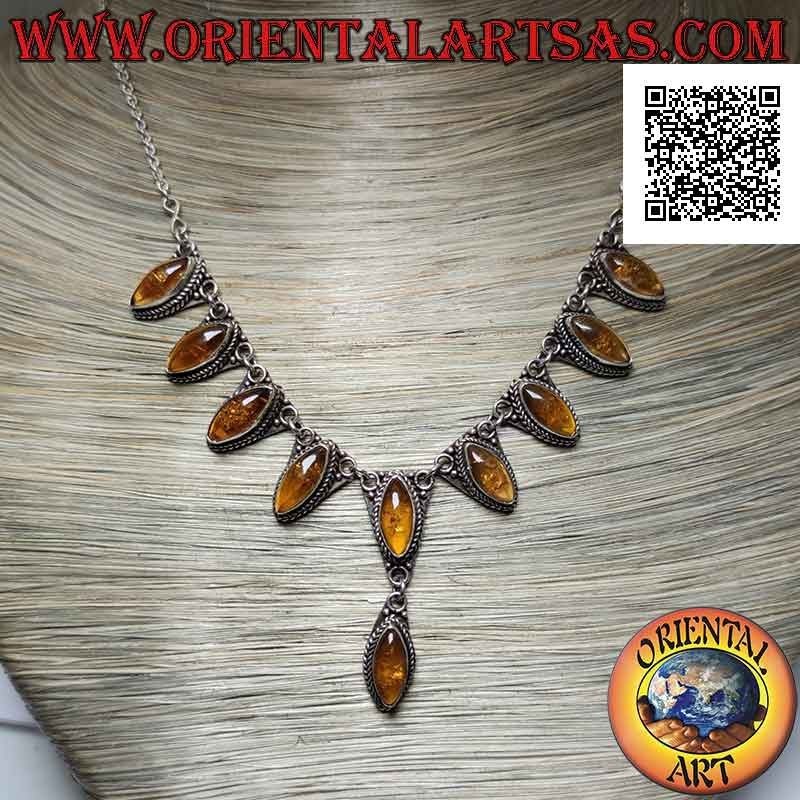 Collana in argento 925 ‰ a catenina 10 ambre a navetta cabochon centrali (47 cm)