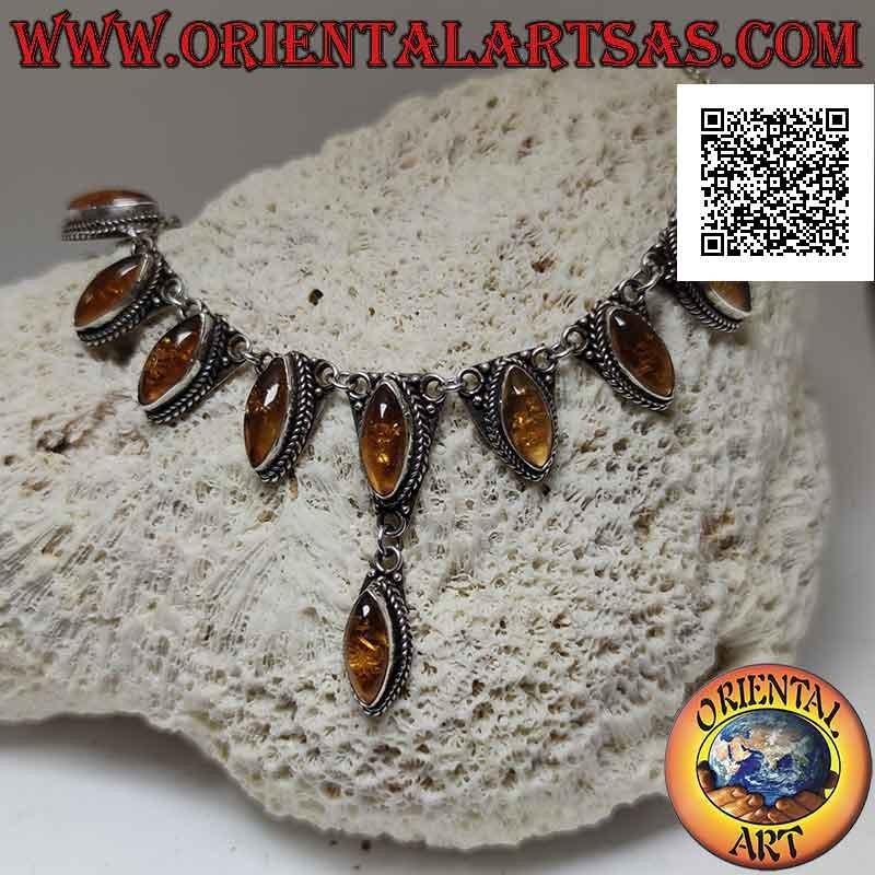 Collier en argent 925 Collana chaîne 10 cabochon navette ambre central (47 cm)