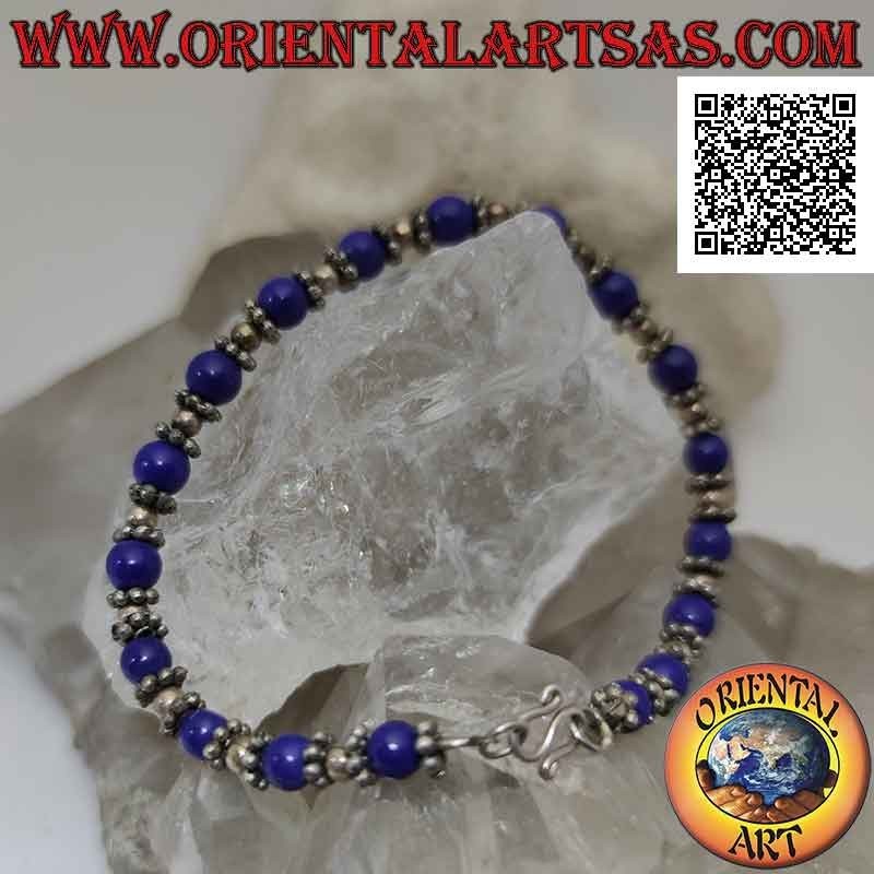 Bracelets en argent avec lapis lazuli et sphères d'argent enfilées en alternance et inserts au milieu de 18,5 cm
