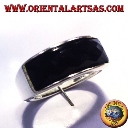 silver ring with onyx faceted rectangular curve