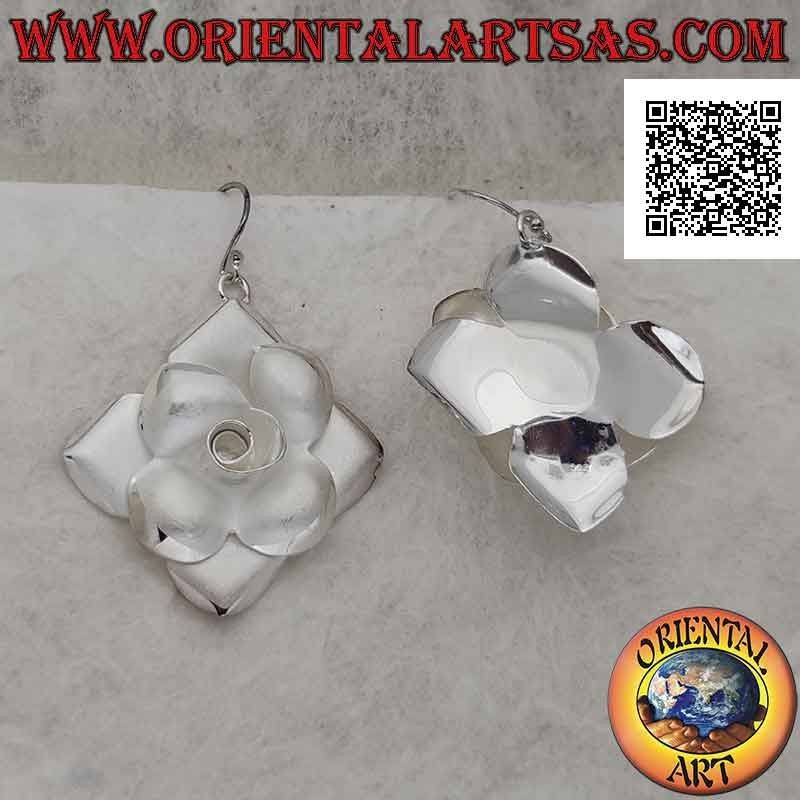 Equilateral rhombus satin silver earrings with rose in central high relief