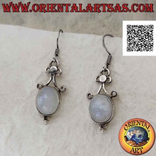 Silver earrings with cabochon oval moonstone with arches above and trio of balls below