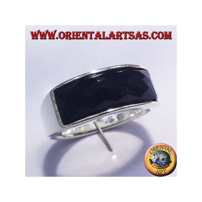 silver ring with onyx faceted rectangular curve