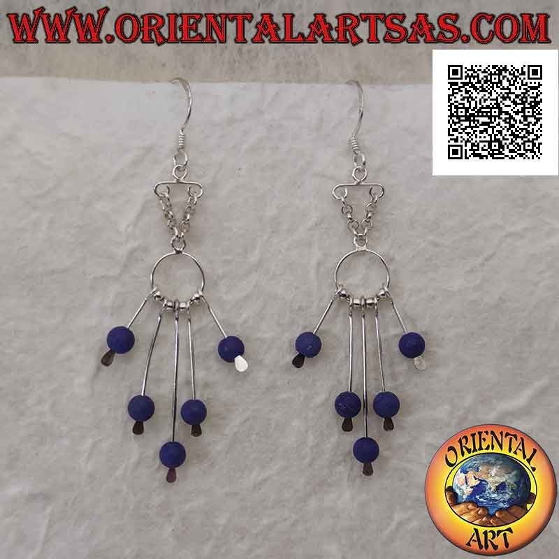 Boucles d'oreilles en argent, bandeau crochet et 5 brins avec pendentif boule lapis lazuli