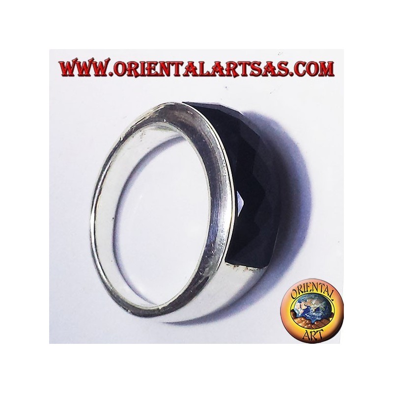 silver ring with onyx faceted rectangular curve