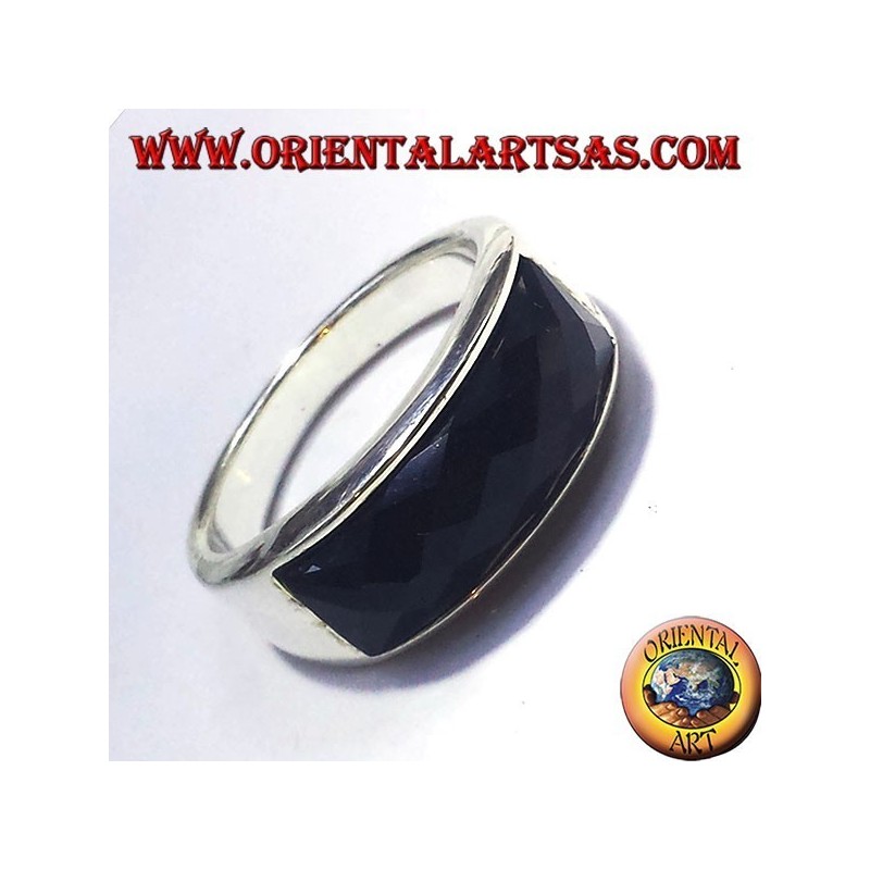 silver ring with onyx faceted rectangular curve