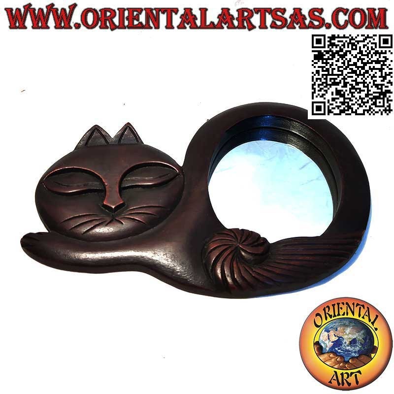 Specchio da parete, gatto rannicchiato rifinito a mano in MDF color mogano