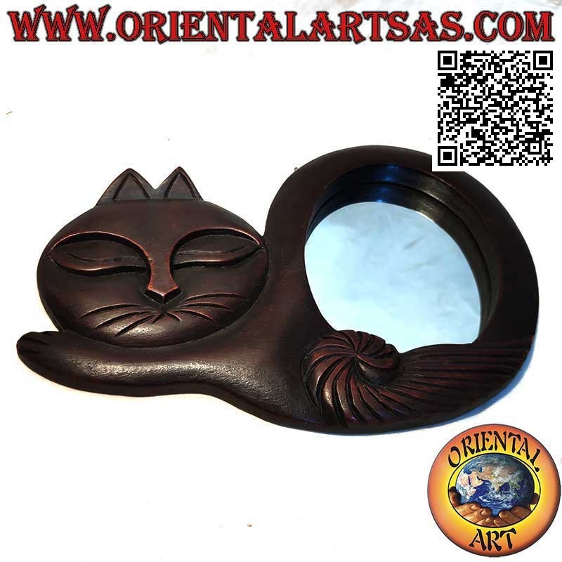 Specchio da parete, gatto rannicchiato rifinito a mano in MDF color mogano