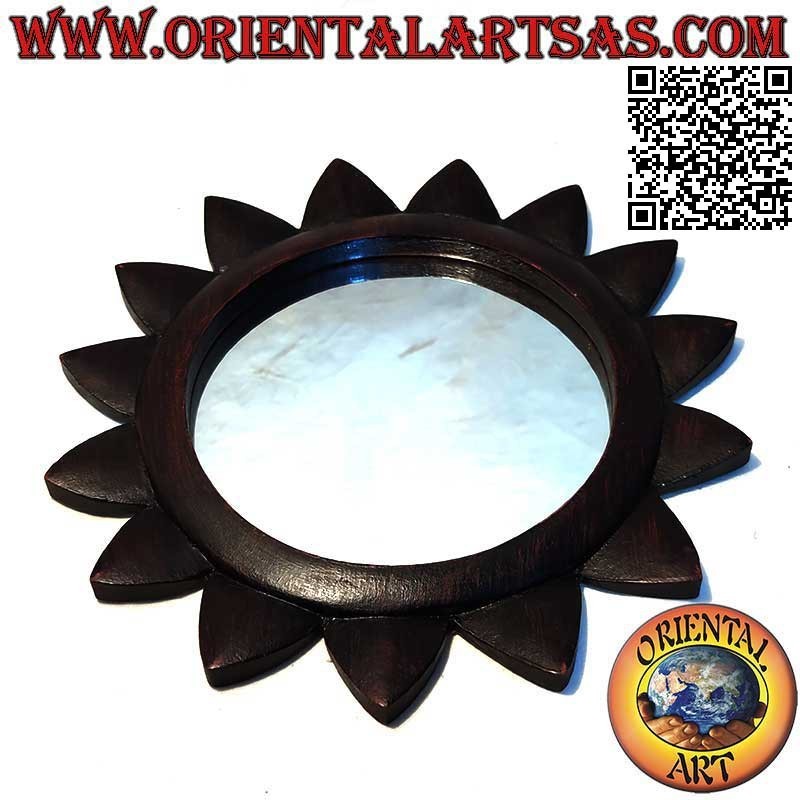 Wall mirror, round sun finished by hand in mahogany colored MDF(30 cm)