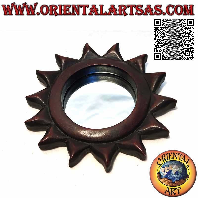 Miroir mural, soleil rond fini à la main en MDF acajou (18 cm)