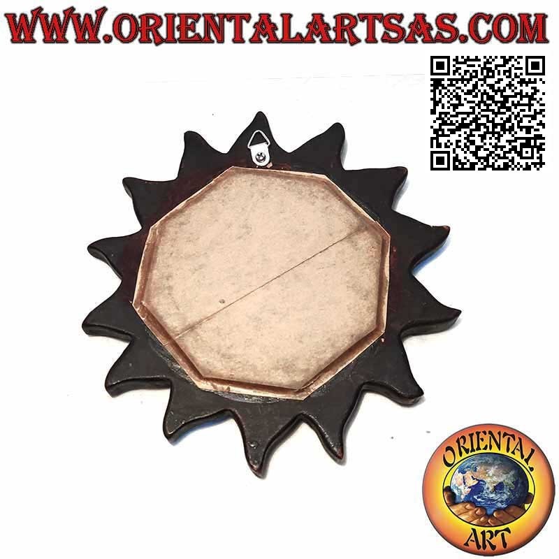 Wall mirror, round sun finished by hand in mahogany MDF (18 cm)