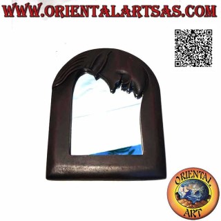 Wall mirror, rectangular with moon on top, hand-finished in mahogany-colored MDF