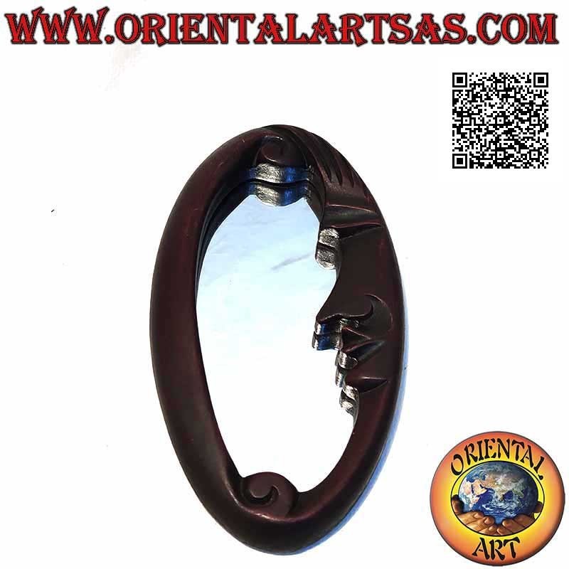 Specchio da parete, ovale con la mezzaluna rifinito a mano in MDF color mogano (20 cm)