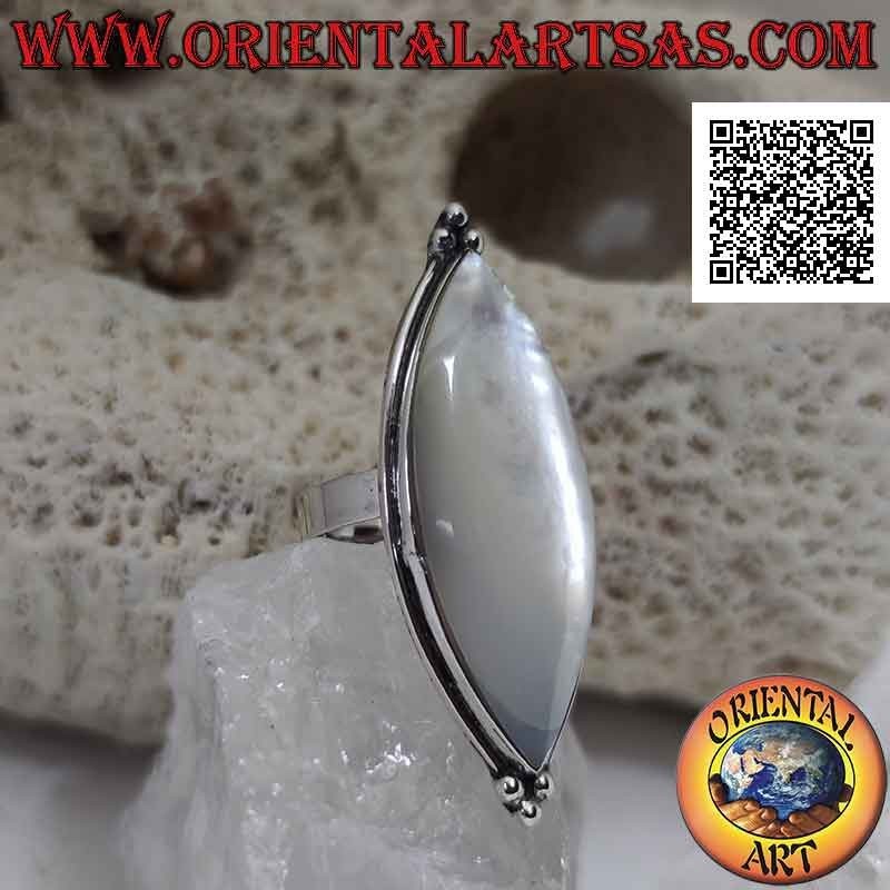 Adjustable silver ring with large shuttle mother-of-pearl on a smooth setting and trio of balls