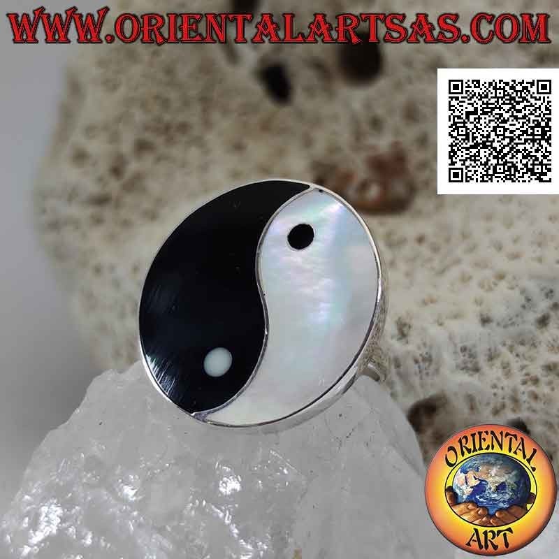 Verstellbarer Silberring mit Yin Yang aus Perlmutt und rundem und flachem Onyx und Randdraht