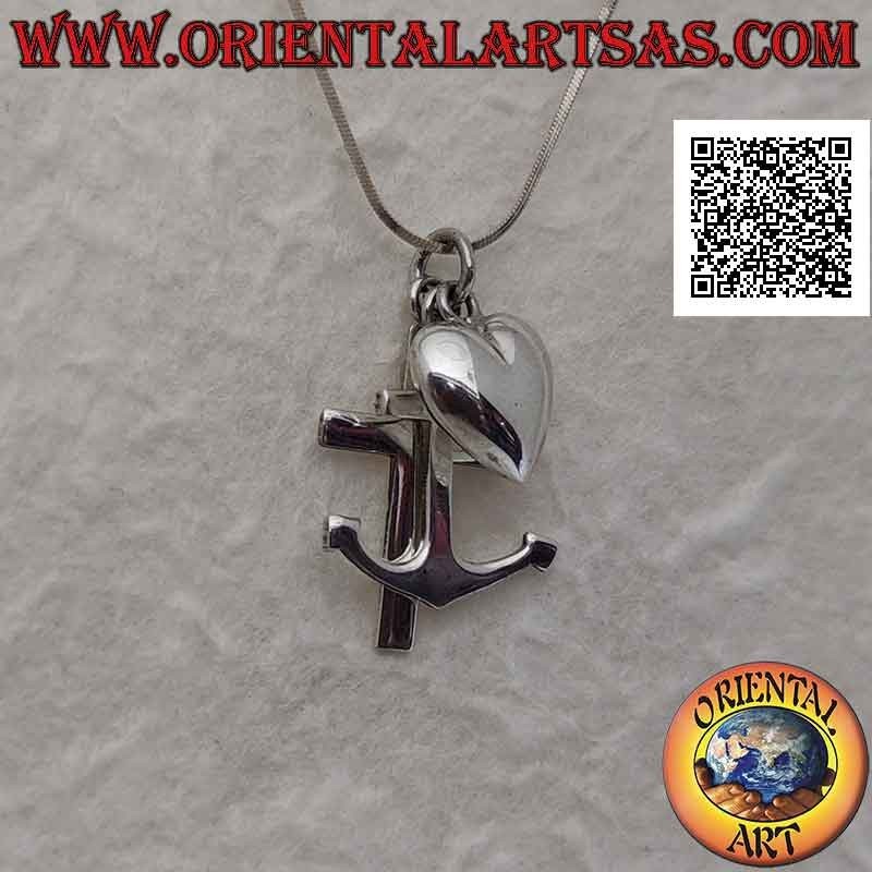 Pendentif en argent lisse, les trois vertus théologales "foi, espérance et charité (croix, ancre et coeur)