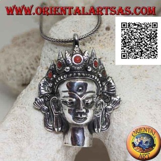 Ciondolo in argento, testa di Buddha thailandese con corona di coralli naturali