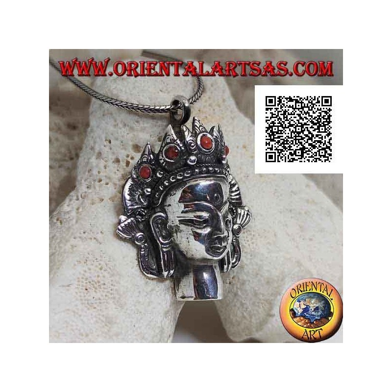 Silver pendant, Thai Buddha head with natural coral crown