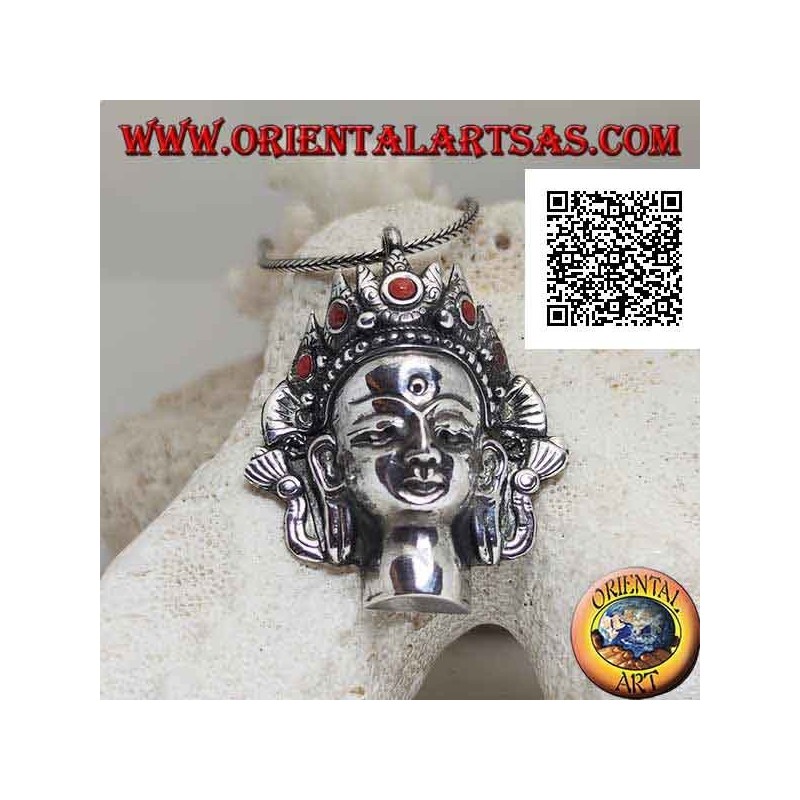 Pendentif en argent, tête de Bouddha thaïlandais avec couronne de corail naturel